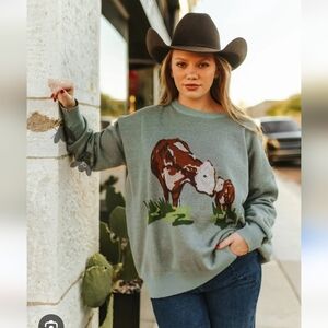2FLYCo NWT Cattle Creek Sweater Green Hereford Knit Western Oversized Sweater